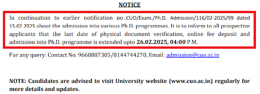 CUO PhD Admission 2025