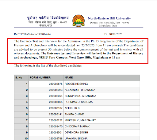 NEHU PhD Merit List