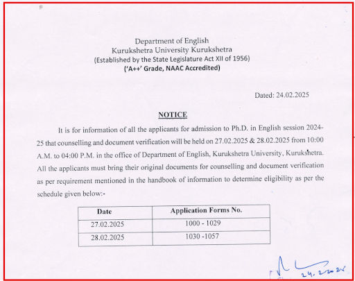 Kurukshetra University PhD Notice