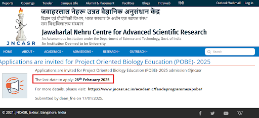 JNCASR POBE Admission Details