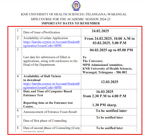 KNRUHS MPH Admission Schedule