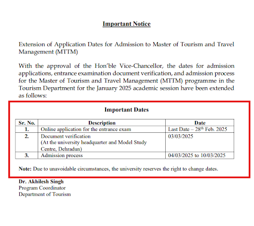 UOU MTTM Admission Dates