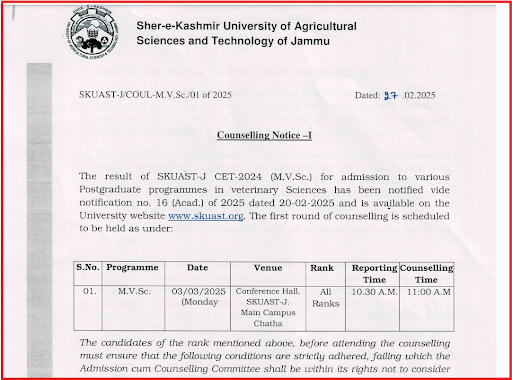 SKUAST Jammu Counselling Schedule