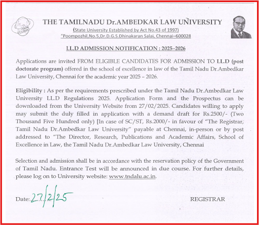 TNDALU LLD Admission Notice