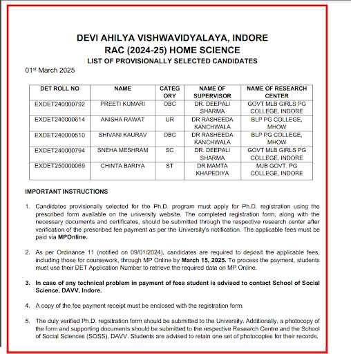 Dehi Ahilya PhD Coursework Selection List
