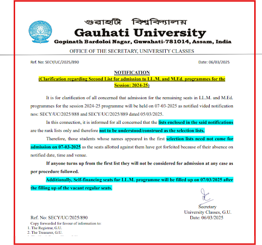 Gauhati University LLM and MEd Program Admission