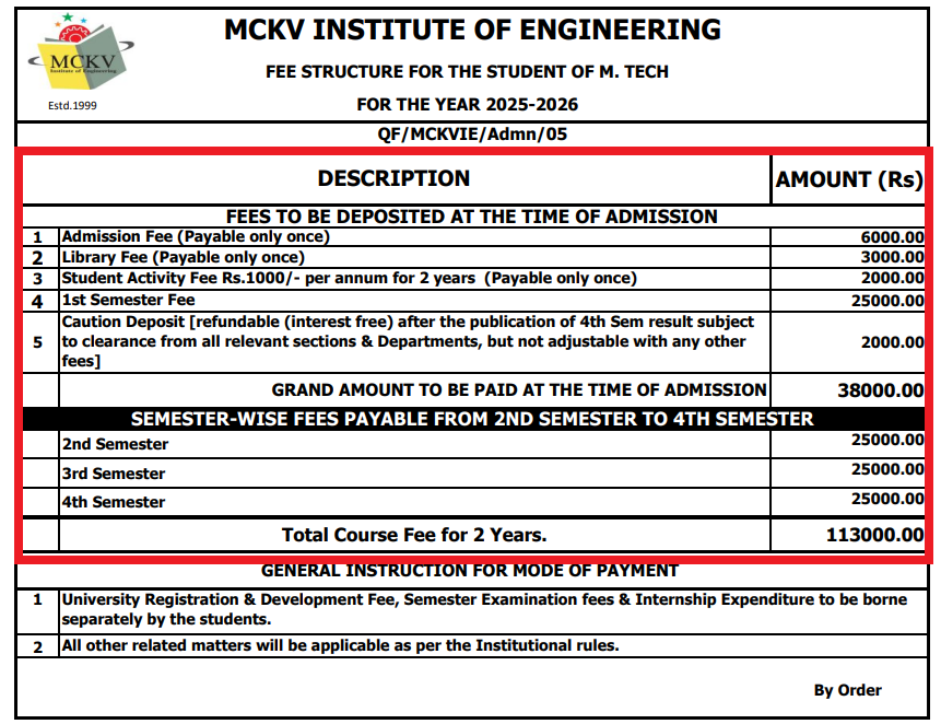 MCKVIE UG/PG Fees 2025-26