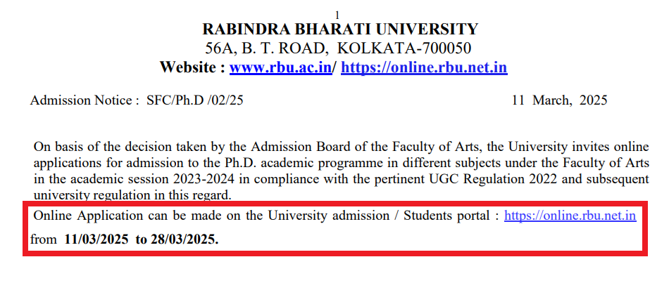 RBU Kolkata PhD Admission 2025