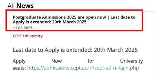 CEPT PG Admission Deadline