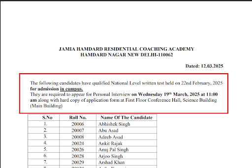 Jamia Hamdard Interview Schedule
