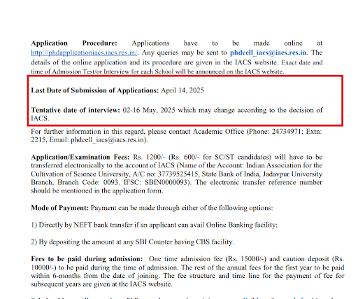 IACS PhD Admission Schedule
