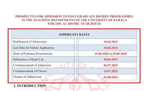 Kerela University PG Admission Schedule