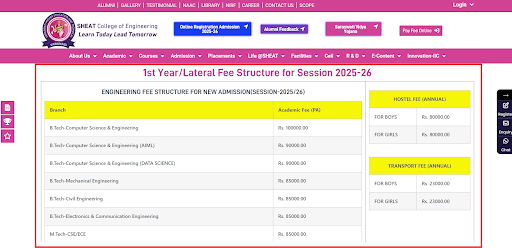 SHEAT Fee Structure