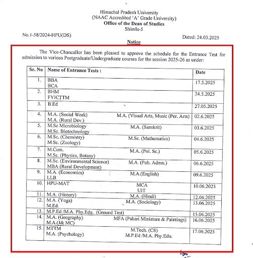 HP University Entrance Test Schedule