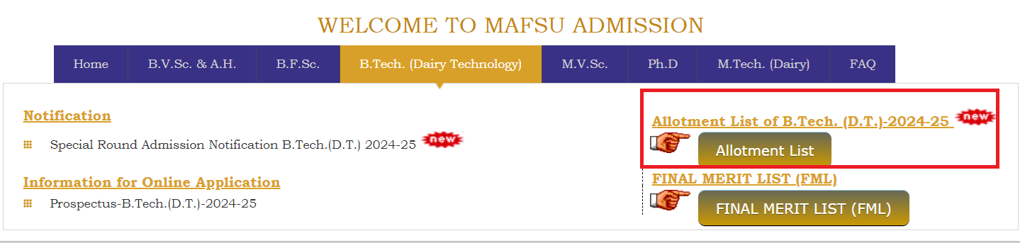 MAFSU Allotment List for Special Round Admission To B.Tech. (D.T.) Degree Course 2024-25 Released
