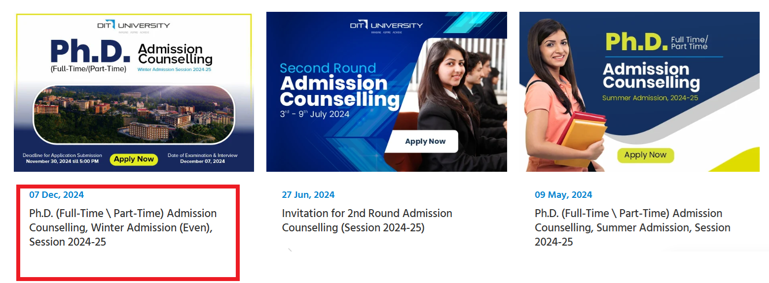 DIT University Started Applications for Ph.D. (Full-Time Part-Time) Admission for Winter Session (Even) 2024-25