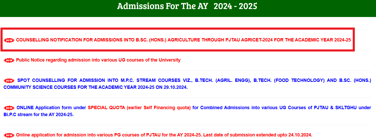 PJTAU Released List of Candidates for B.Sc. (Hons.) Agriculture Counselling 2024-25 Through PJTAU-AGRICET-2024