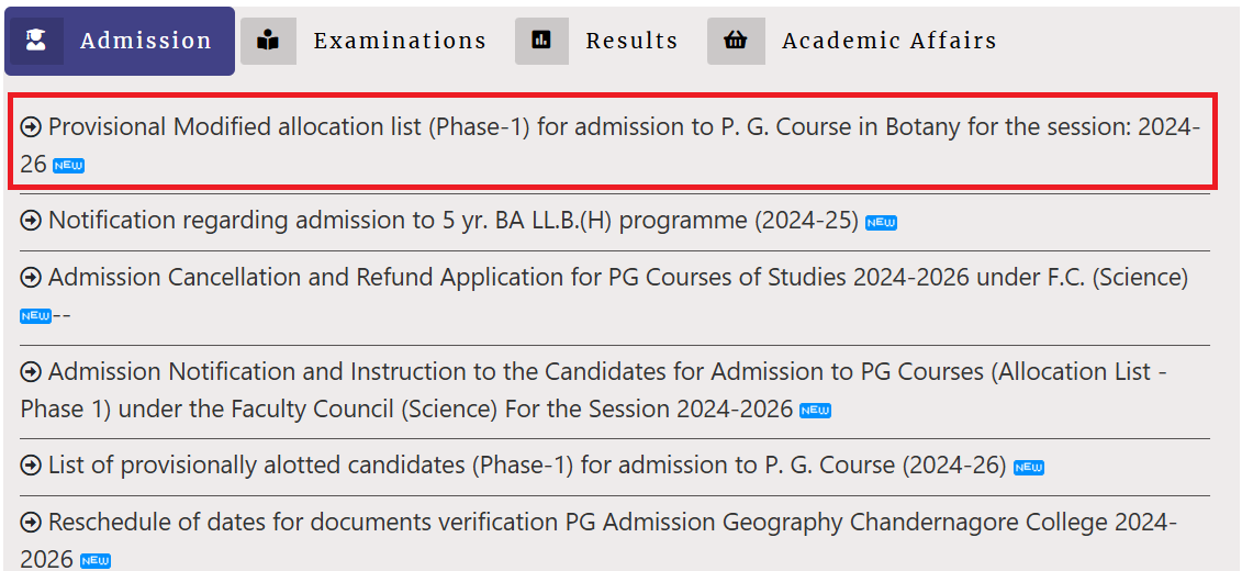 Modified Phase 1 Provisional Allocation List 2024-26 for Admission to PG Courses in Botany in University of Burdwan Released