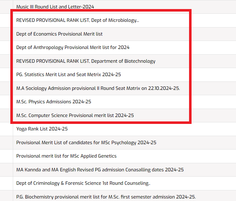 Karnataka University Dharwad Merit Lists and Seat Matrices for Multiple Courses Released