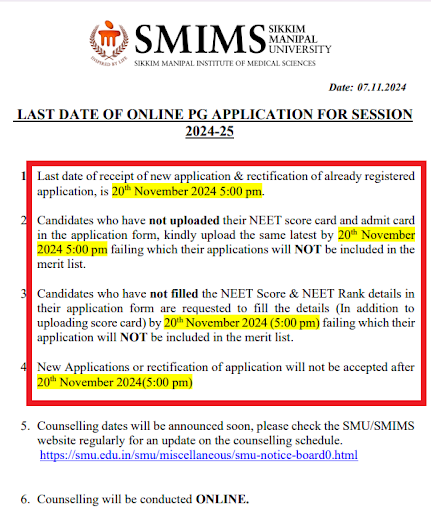 last date for application and rectification for registered candidates for admission in PG programs