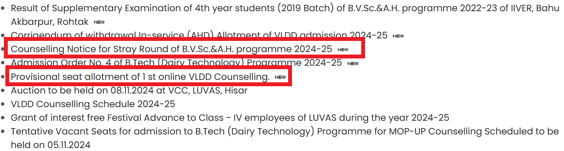 LUVAS Counselling Schedule for B.V.Sc
