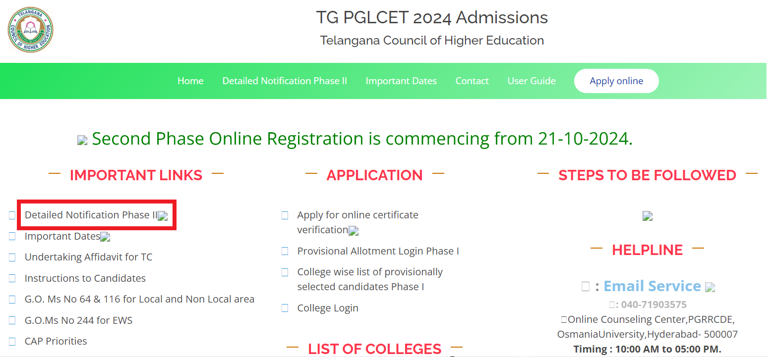 TS PGLCET 2024 Phase 2 Counselling Registration Started