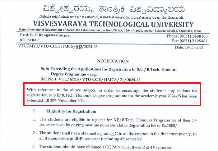 VTU Extends B.E./B.Tech Registration 2024-25