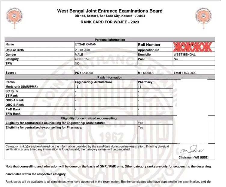 WBJEE Rank Card Sample
